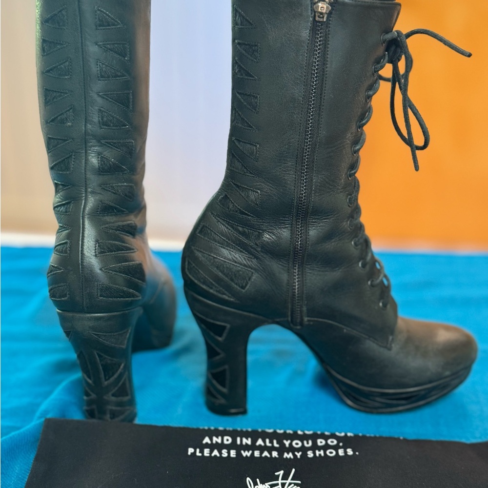 Fluevog Janilan Black Lace-Up High Heel Boots with Hair Hide Cutouts, size 6.5